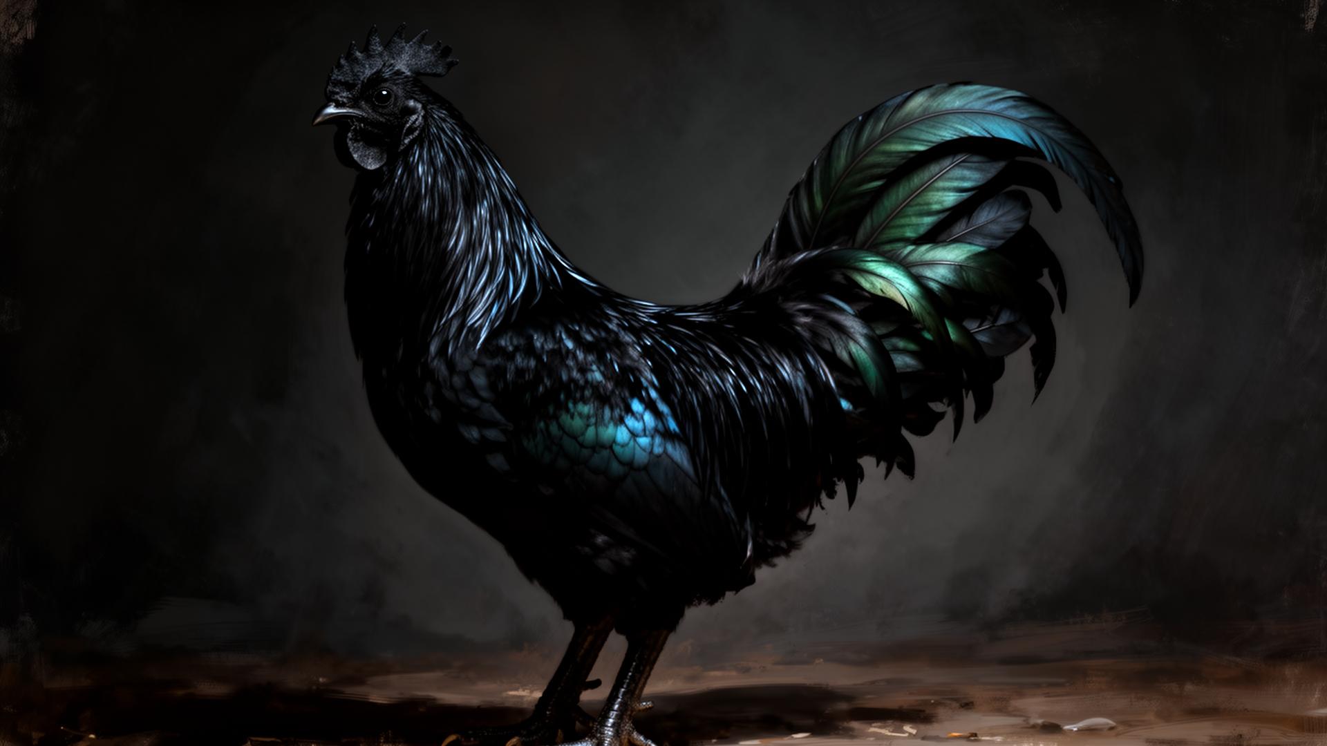 Majestic Ayam Cemani rooster — fibromelanistic black plumage